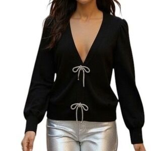 🆕 EXPRESS Black Deep V Neck Rhinestone Bow Puff Sleeve Cardigan Sweater EUC M